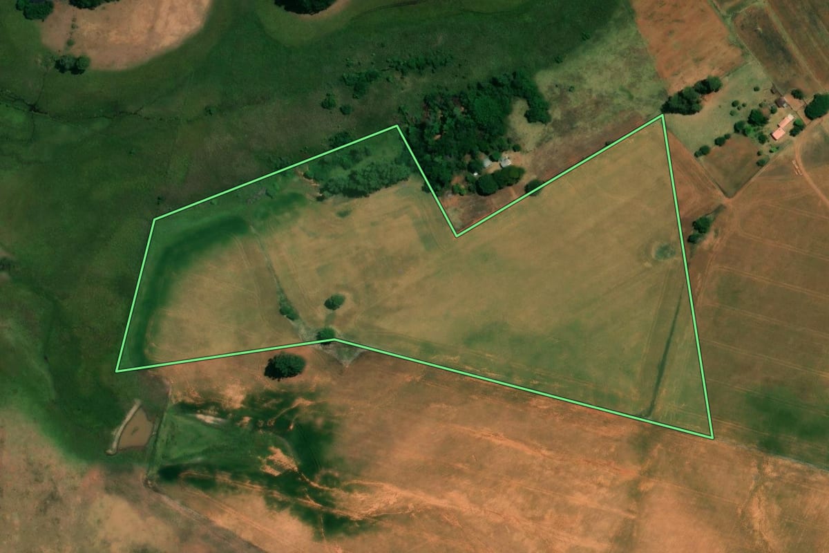 Imagem de satélite do imóvel rural em Alegrete (RS), com o contorno declarado no CAR desenhado por cima.