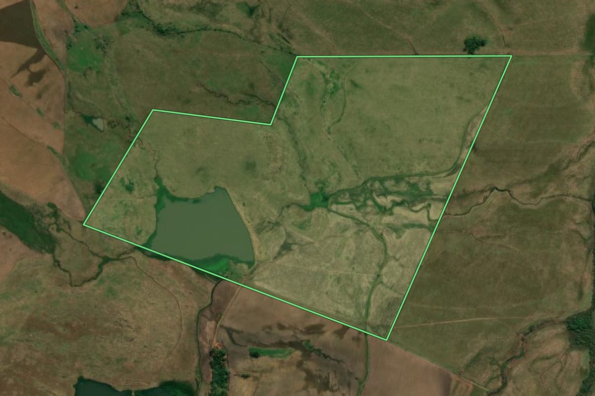 Imagem de satélite do imóvel rural em Alegrete (RS), com o contorno declarado no CAR desenhado por cima.