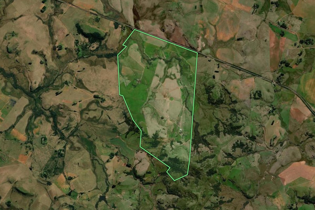 Imagem de satélite do imóvel rural em Alegrete (RS), com o contorno declarado no CAR desenhado por cima.