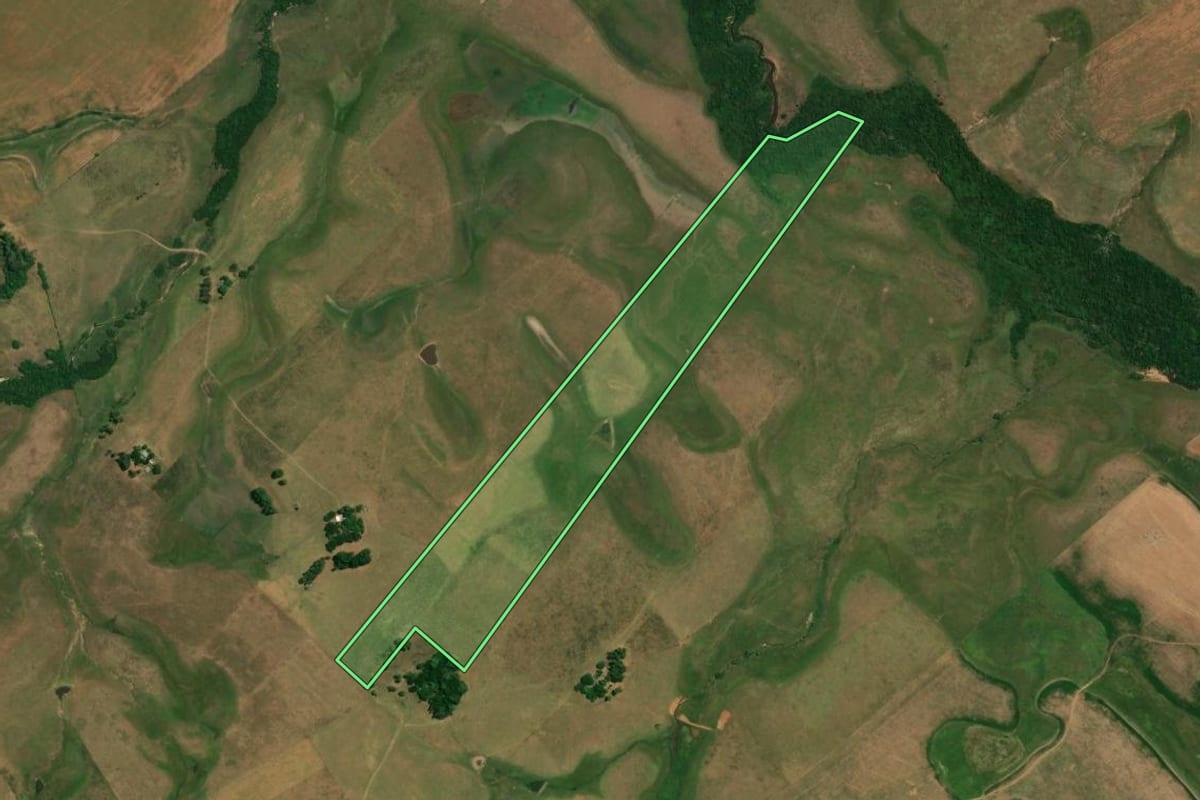 Imagem de satélite do imóvel rural em Alegrete (RS), com o contorno declarado no CAR desenhado por cima.