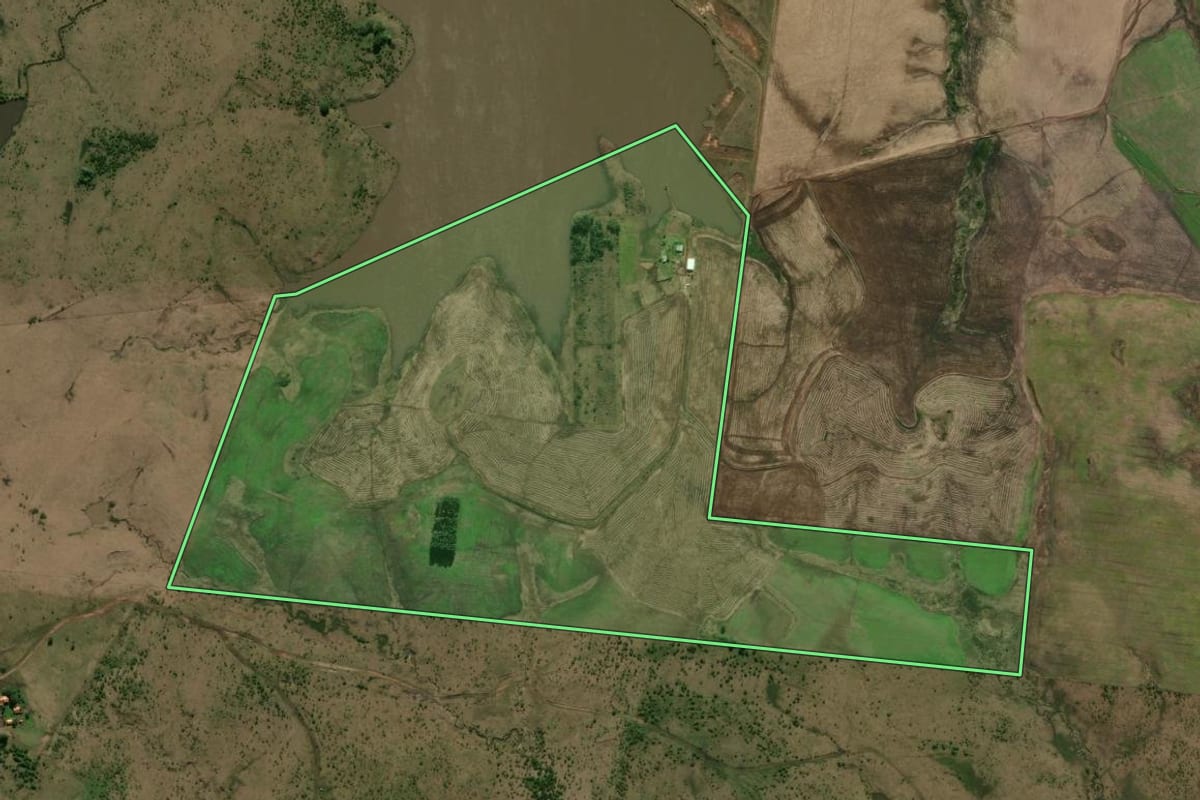 Imagem de satélite do imóvel rural em Alegrete (RS), com o contorno declarado no CAR desenhado por cima.