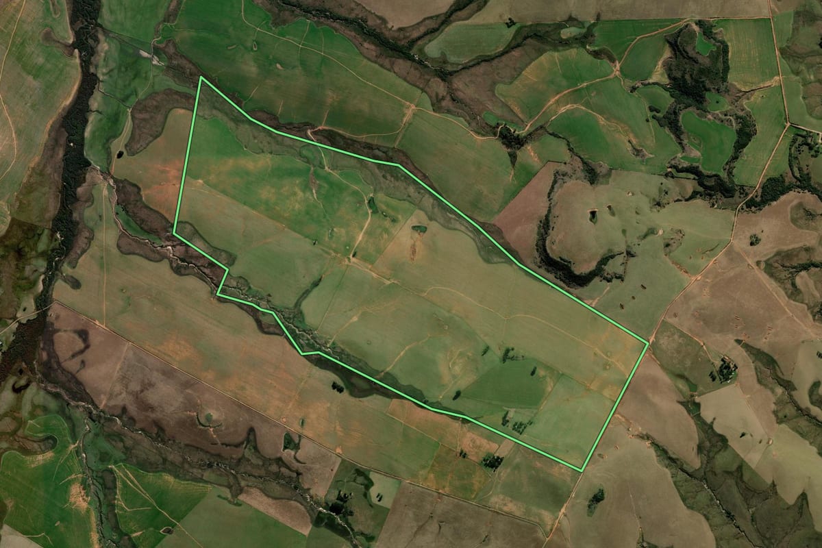 Imagem de satélite do imóvel rural em Alegrete (RS), com o contorno declarado no CAR desenhado por cima.