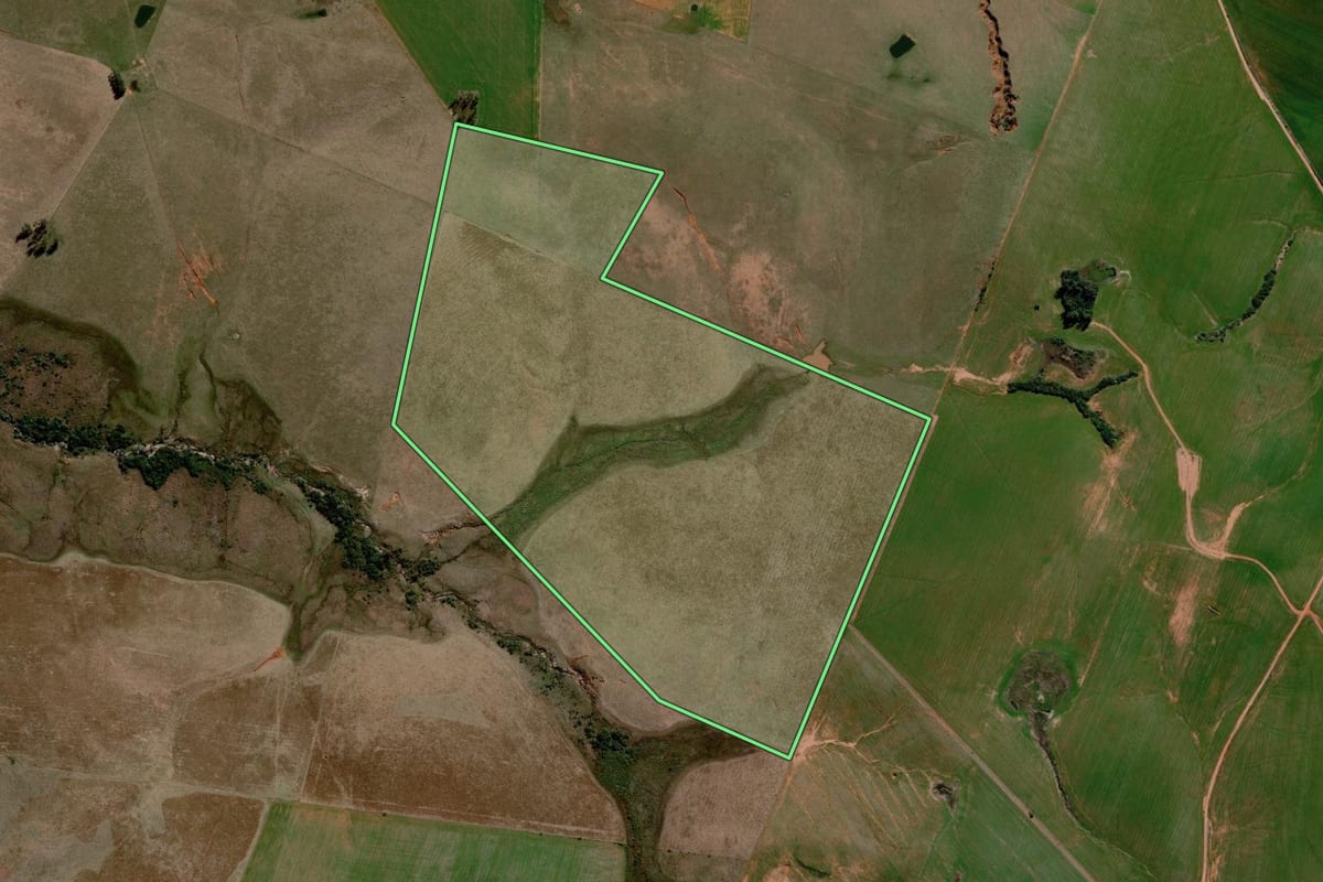 Imagem de satélite do imóvel rural em Alegrete (RS), com o contorno declarado no CAR desenhado por cima.
