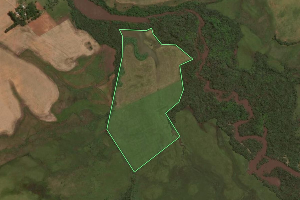 Imagem de satélite do imóvel rural em Alegrete (RS), com o contorno declarado no CAR desenhado por cima.