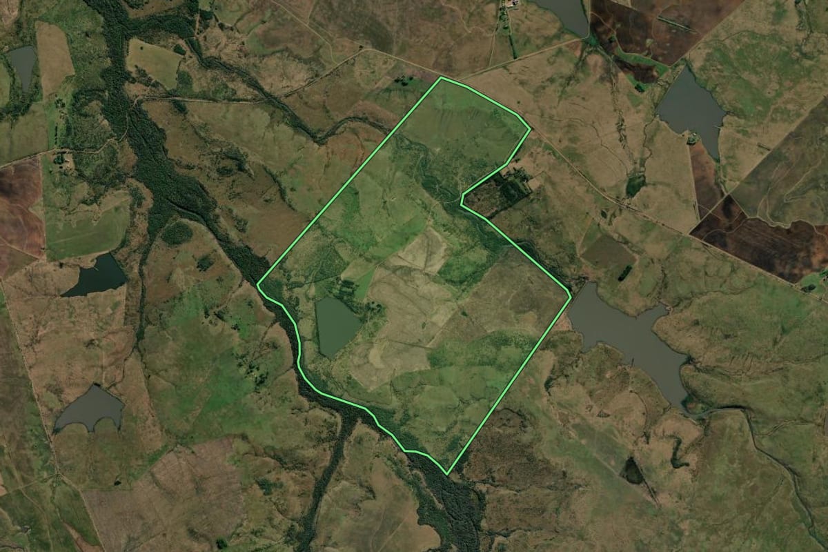Imagem de satélite do imóvel rural em Alegrete (RS), com o contorno declarado no CAR desenhado por cima.