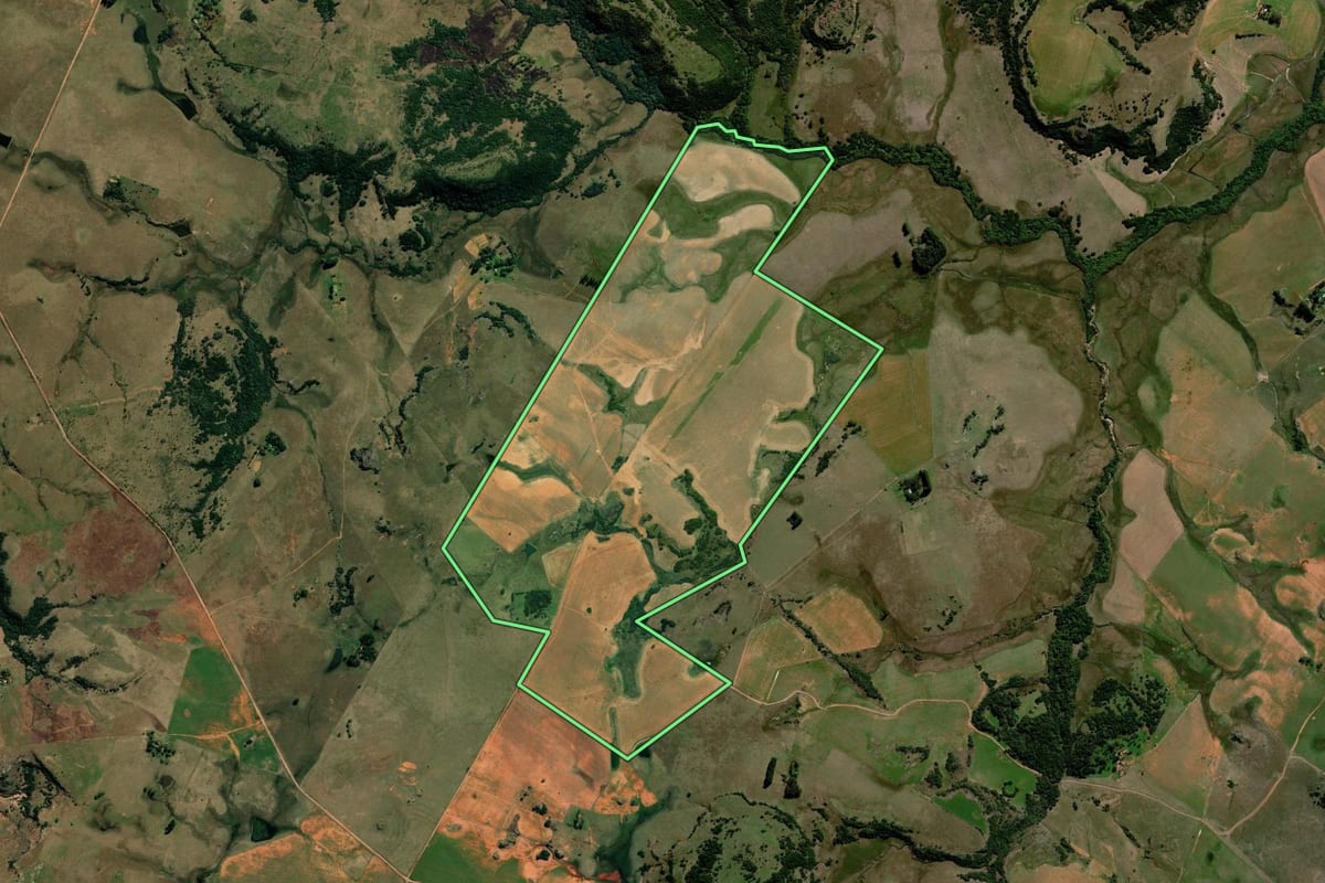 Imagem de satélite do imóvel rural em Alegrete (RS), com o contorno declarado no CAR desenhado por cima.