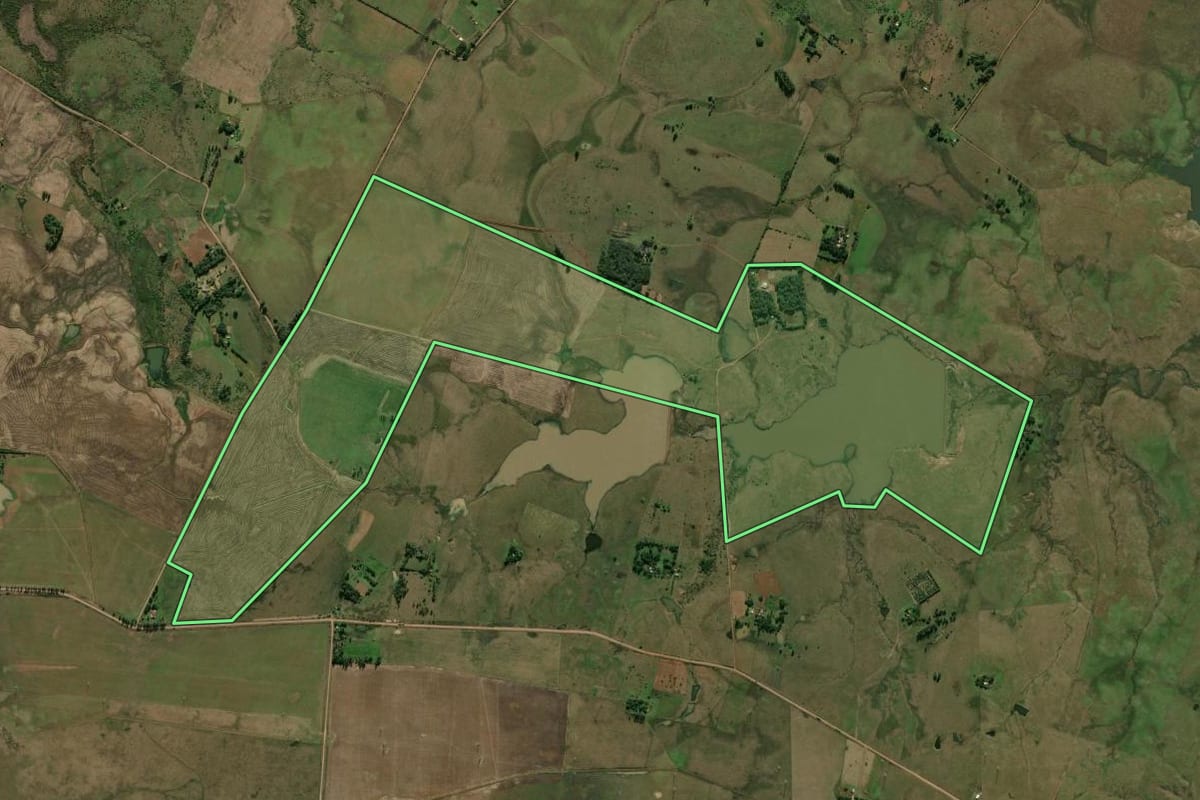 Imagem de satélite do imóvel rural em Alegrete (RS), com o contorno declarado no CAR desenhado por cima.