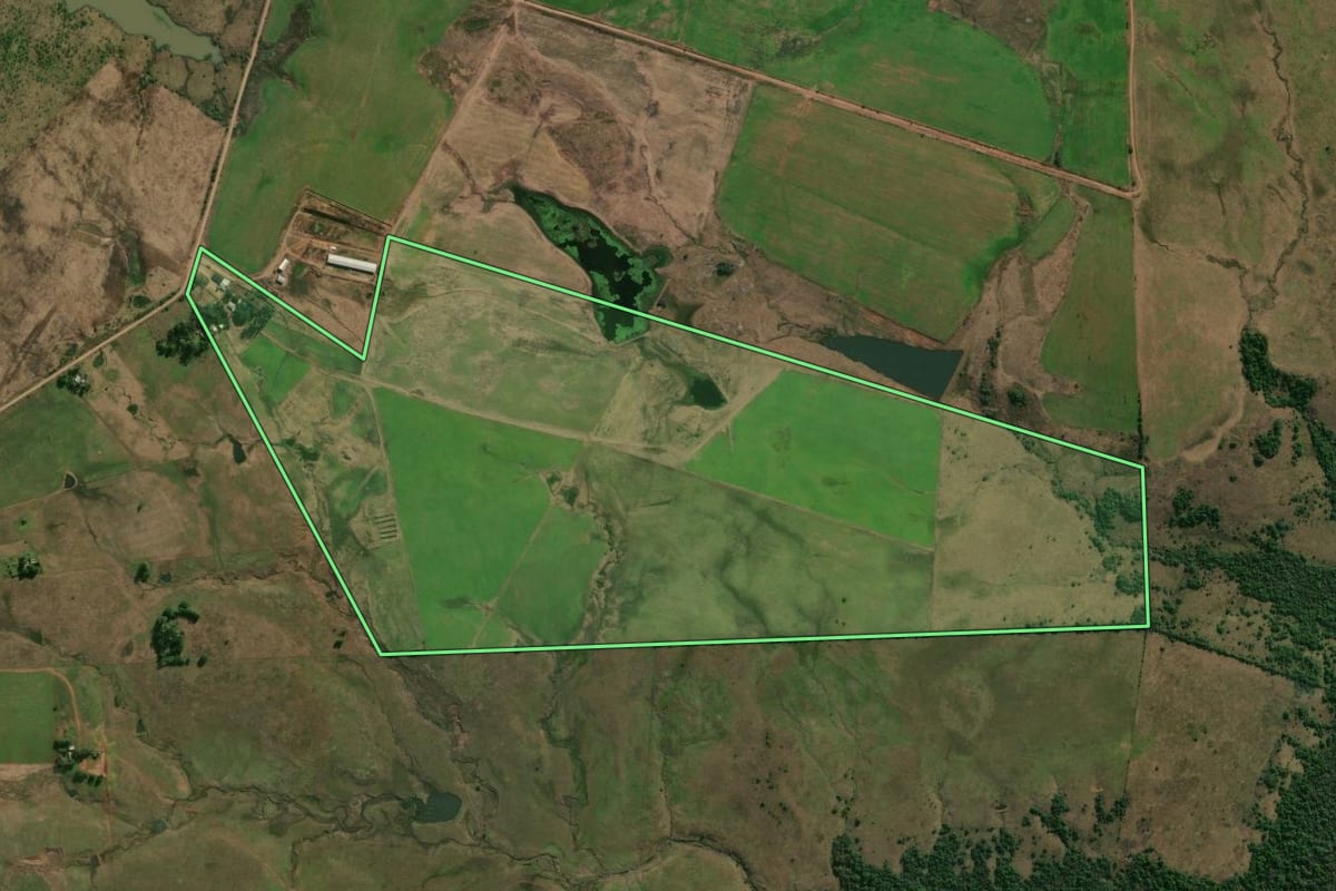 Imagem de satélite do imóvel rural em Alegrete (RS), com o contorno declarado no CAR desenhado por cima.