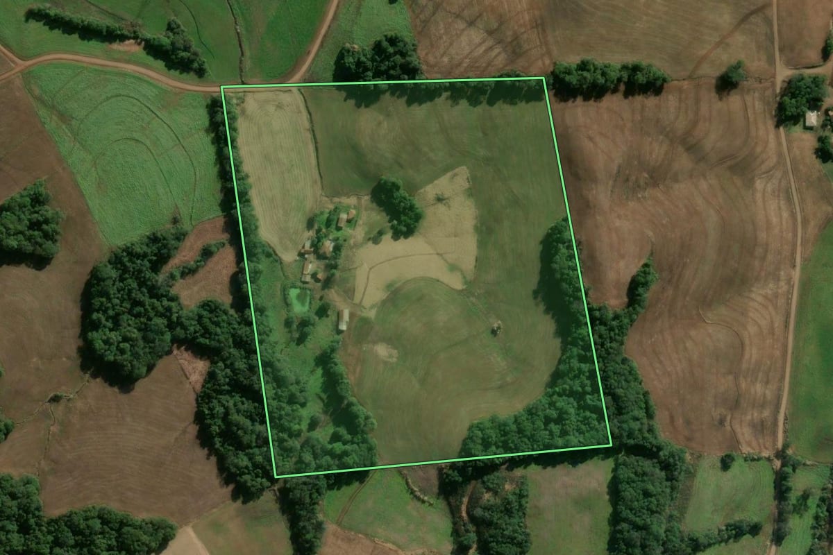 Imagem de satélite do imóvel rural em Alegria (RS), com o contorno declarado no CAR desenhado por cima.
