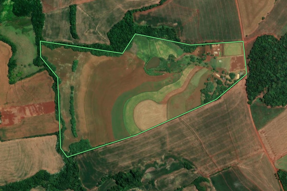 Imagem de satélite do imóvel rural em Alegria (RS), com o contorno declarado no CAR desenhado por cima.