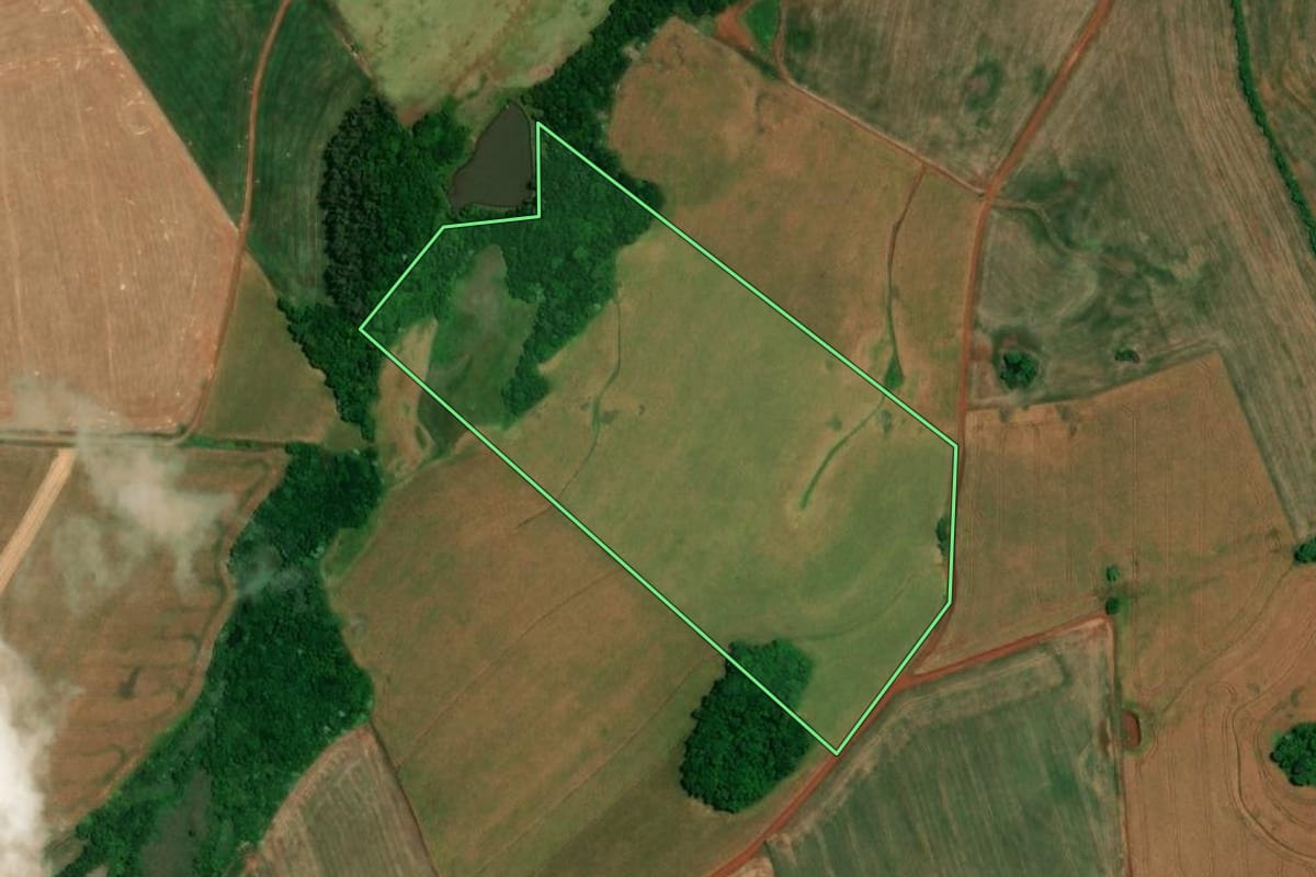 Imagem de satélite do imóvel rural em Alegria (RS), com o contorno declarado no CAR desenhado por cima.