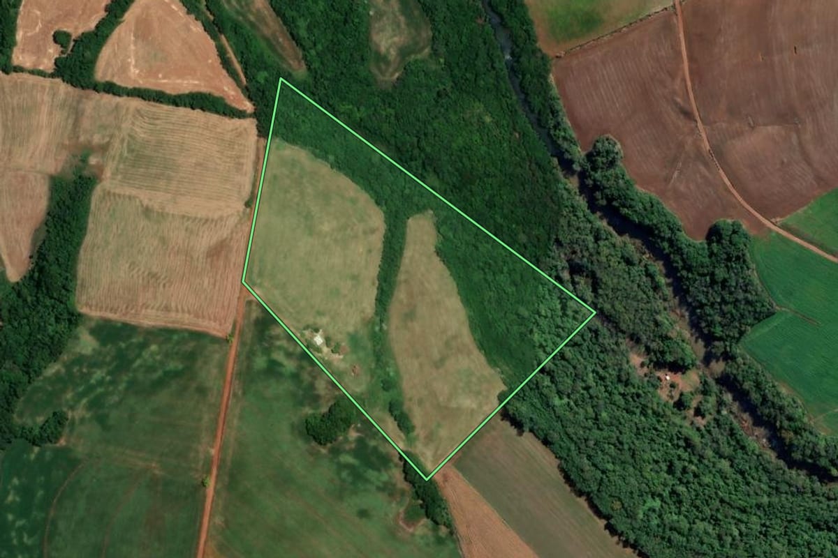 Imagem de satélite do imóvel rural em Alegria (RS), com o contorno declarado no CAR desenhado por cima.