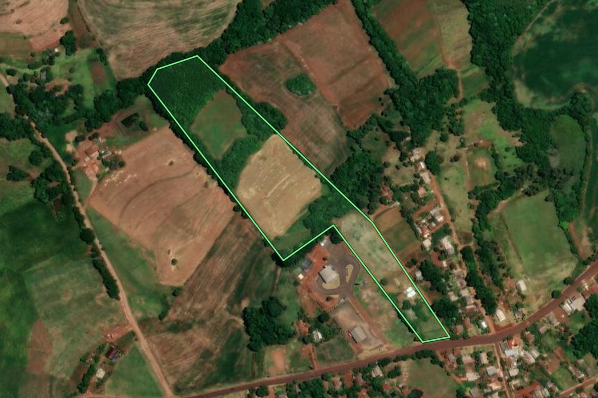 Imagem de satélite do imóvel rural em Alegria (RS), com o contorno declarado no CAR desenhado por cima.