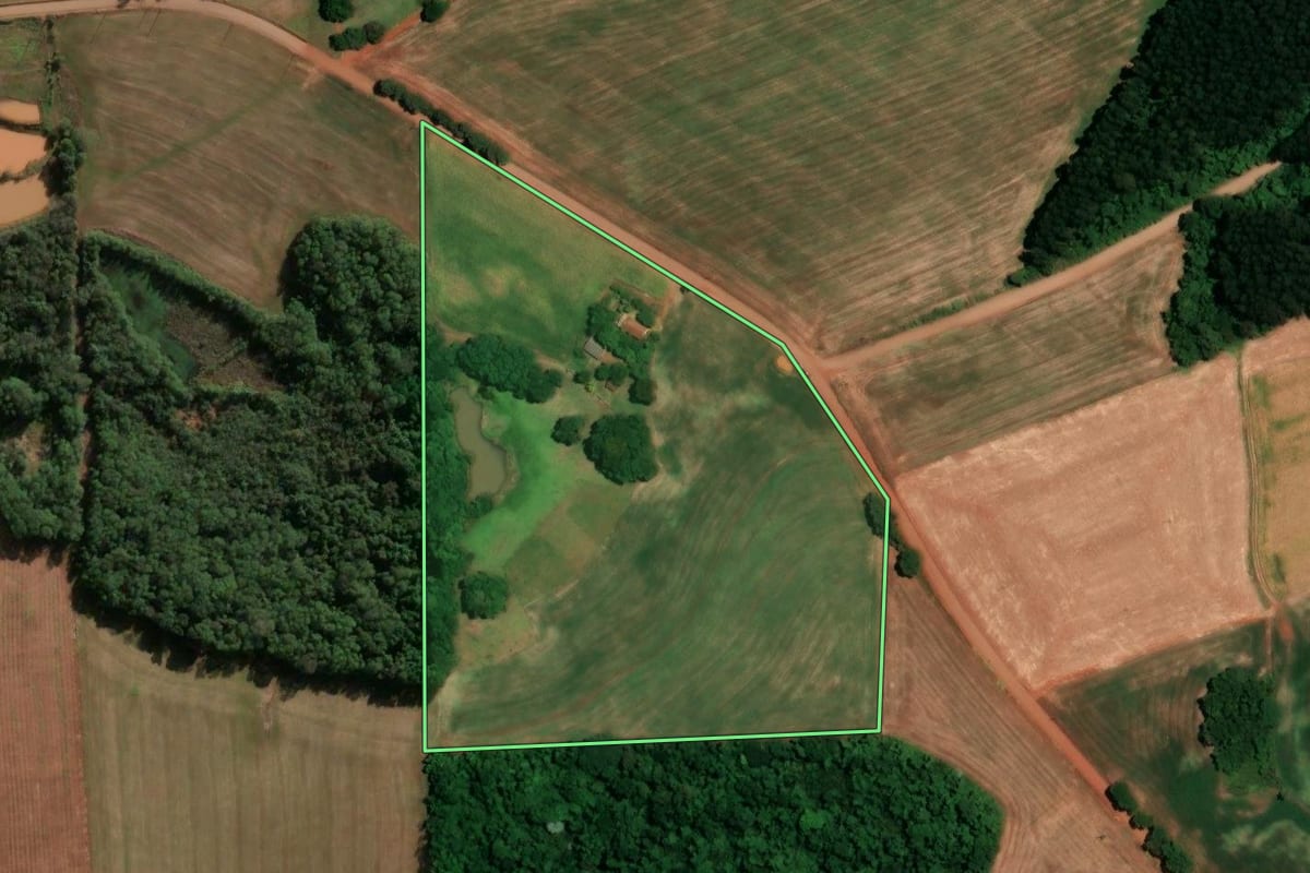 Imagem de satélite do imóvel rural em Alegria (RS), com o contorno declarado no CAR desenhado por cima.