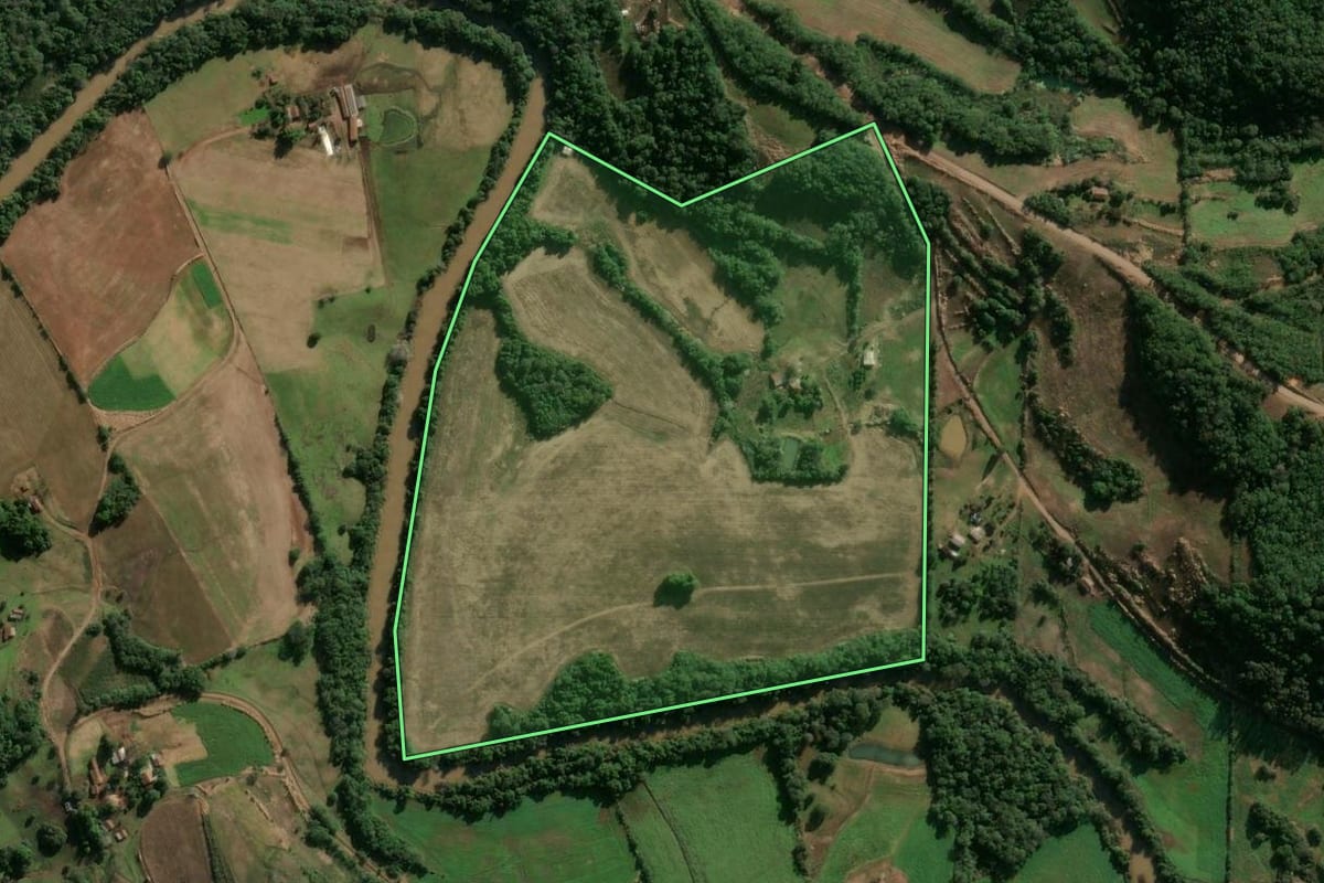 Imagem de satélite do imóvel rural em Alegria (RS), com o contorno declarado no CAR desenhado por cima.