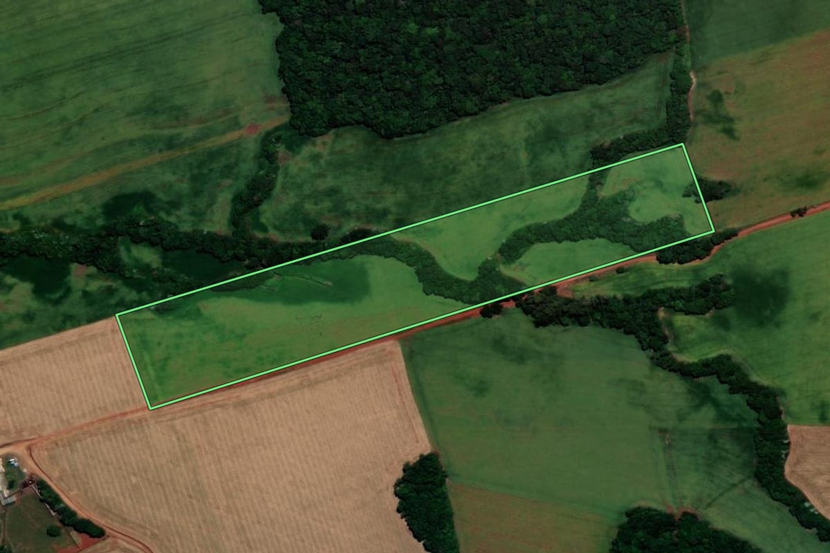 Imagem de satélite do imóvel rural em Almirante Tamandaré do Sul (RS), com o contorno declarado no CAR desenhado por cima.