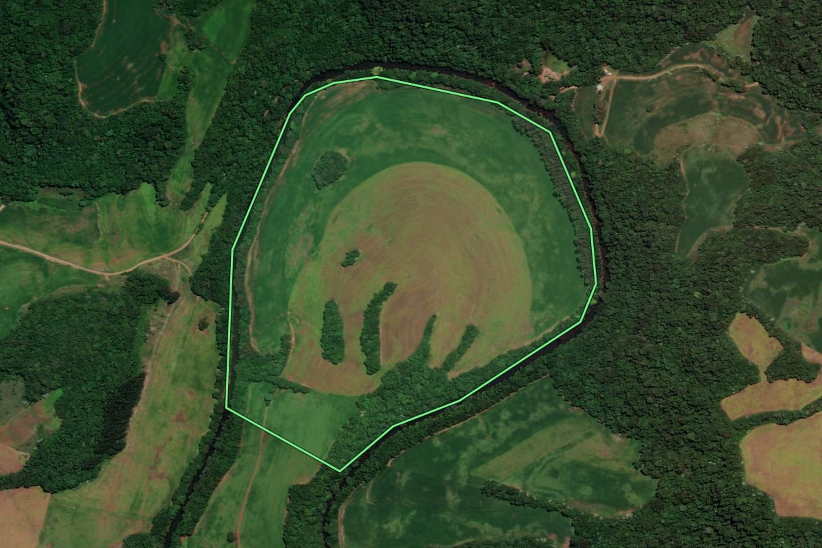 Imagem de satélite do imóvel rural em Almirante Tamandaré do Sul (RS), com o contorno declarado no CAR desenhado por cima.