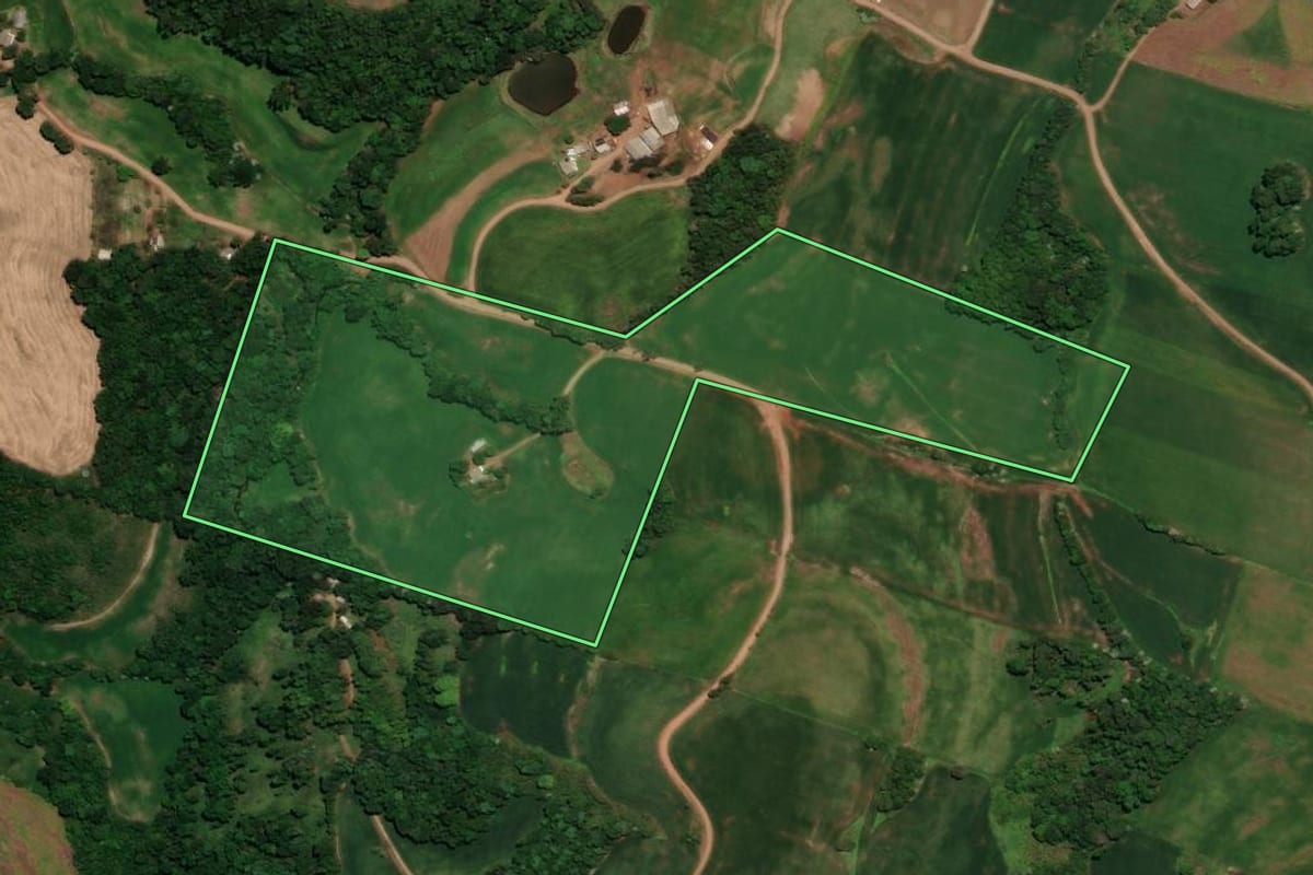 Imagem de satélite do imóvel rural em Almirante Tamandaré do Sul (RS), com o contorno declarado no CAR desenhado por cima.