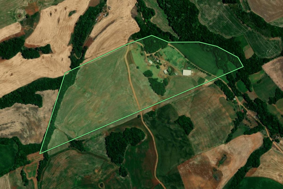 Imagem de satélite do imóvel rural em Almirante Tamandaré do Sul (RS), com o contorno declarado no CAR desenhado por cima.