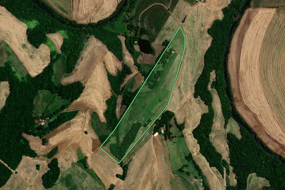 Imagem de satélite do imóvel rural em Almirante Tamandaré do Sul (RS), com o contorno declarado no CAR desenhado por cima.