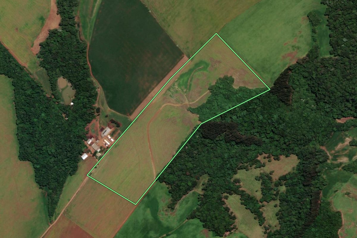 Imagem de satélite do imóvel rural em Almirante Tamandaré do Sul (RS), com o contorno declarado no CAR desenhado por cima.