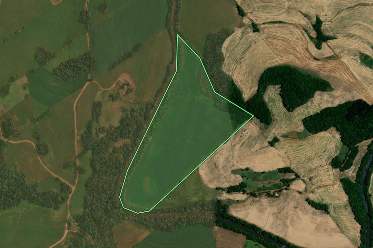 Imagem de satélite do imóvel rural em Almirante Tamandaré do Sul (RS), com o contorno declarado no CAR desenhado por cima.