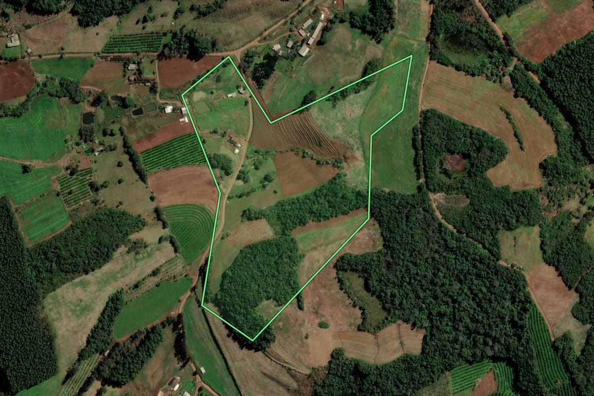 Imagem de satélite do imóvel rural em Alpestre (RS), com o contorno declarado no CAR desenhado por cima.