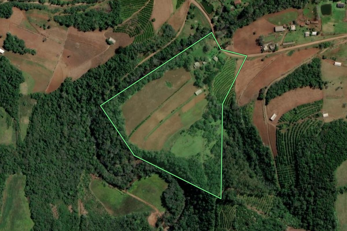 Imagem de satélite do imóvel rural em Alpestre (RS), com o contorno declarado no CAR desenhado por cima.
