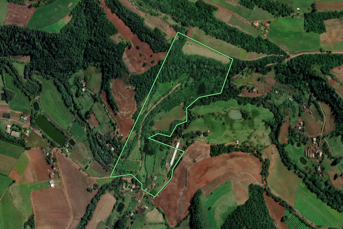 Imagem de satélite do imóvel rural em Alpestre (RS), com o contorno declarado no CAR desenhado por cima.