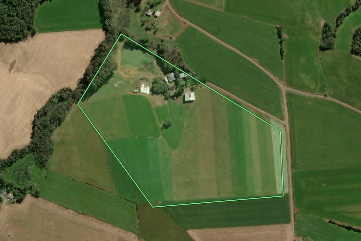 Imagem de satélite do imóvel rural em Alto Alegre (RS), com o contorno declarado no CAR desenhado por cima.