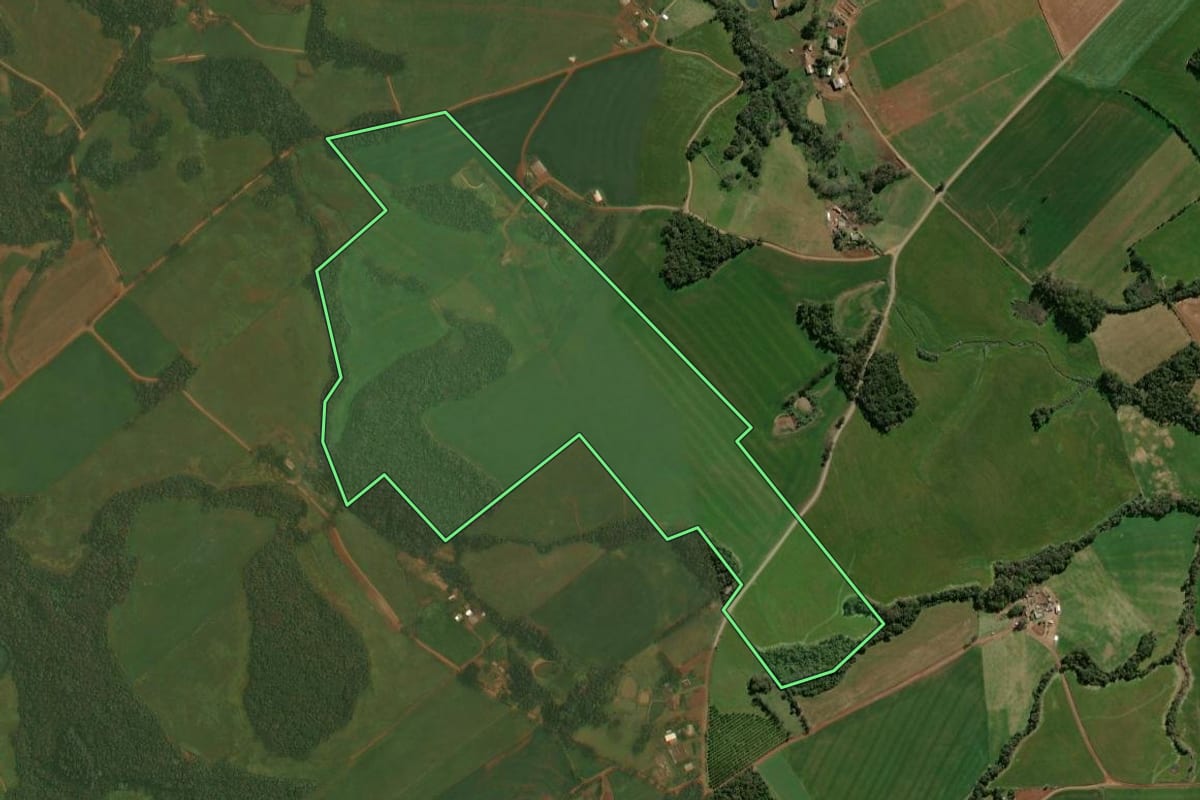 Imagem de satélite do imóvel rural em Alto Alegre (RS), com o contorno declarado no CAR desenhado por cima.