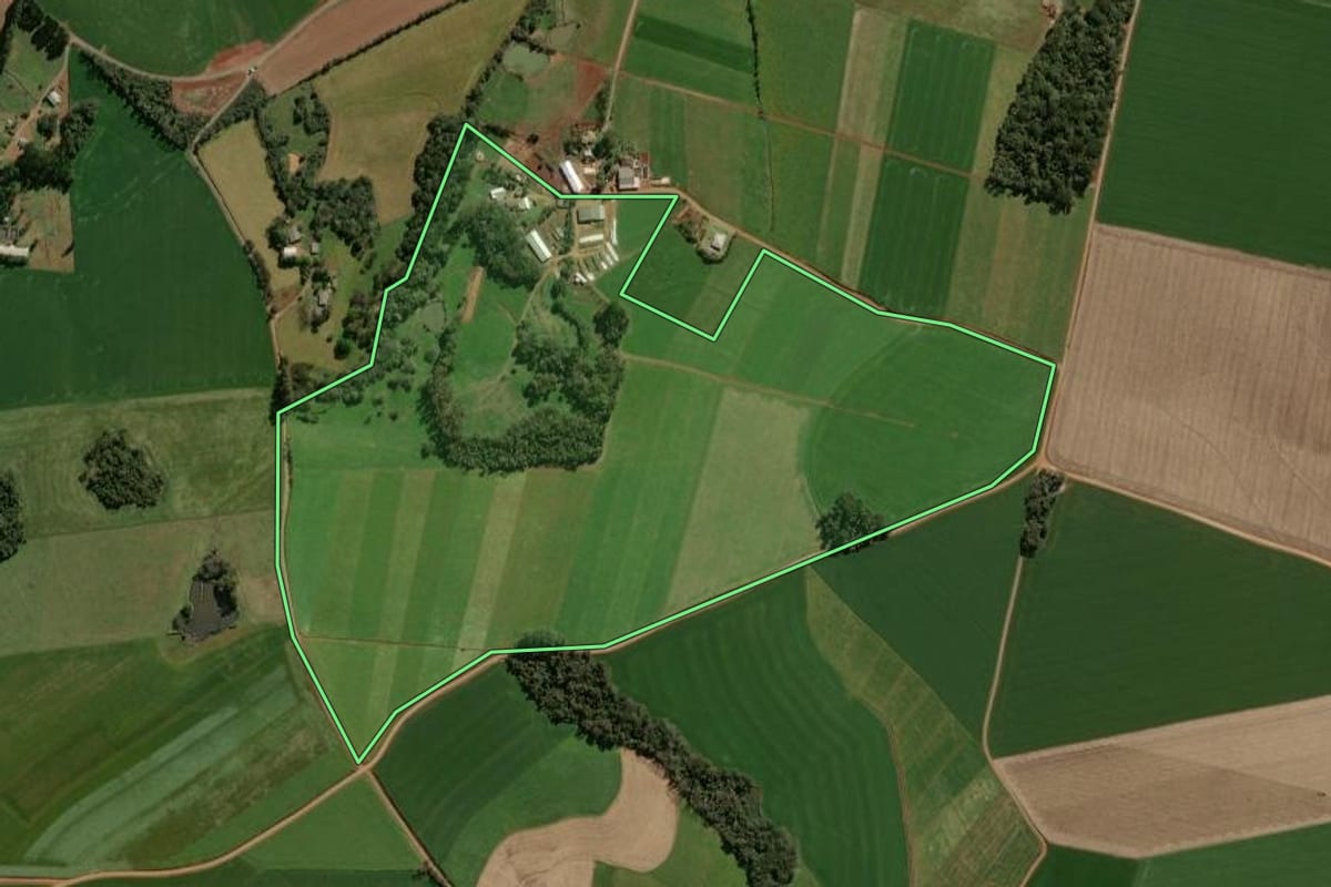 Imagem de satélite do imóvel rural em Alto Alegre (RS), com o contorno declarado no CAR desenhado por cima.