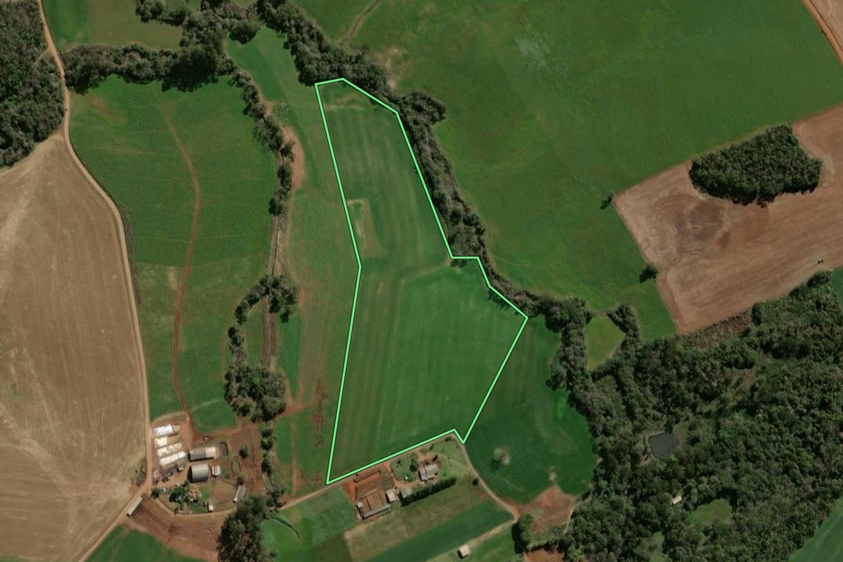 Imagem de satélite do imóvel rural em Alto Alegre (RS), com o contorno declarado no CAR desenhado por cima.