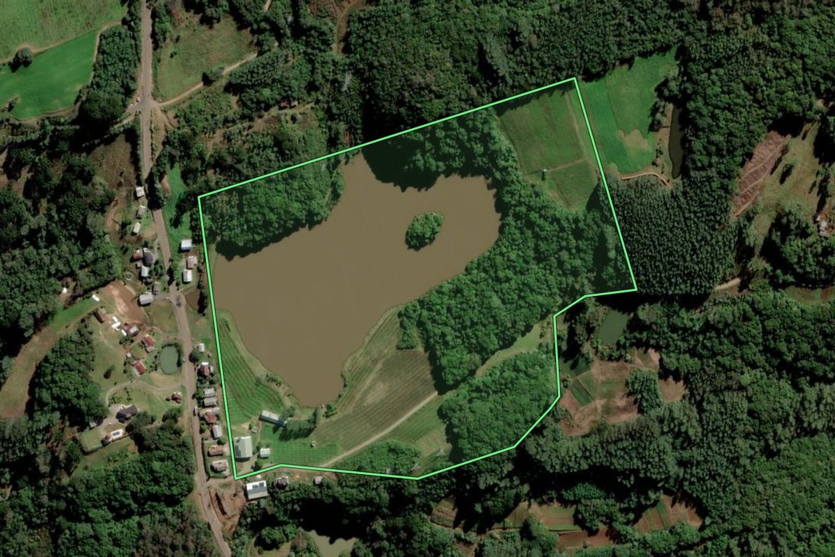 Imagem de satélite do imóvel rural em Alto Feliz (RS), com o contorno declarado no CAR desenhado por cima.