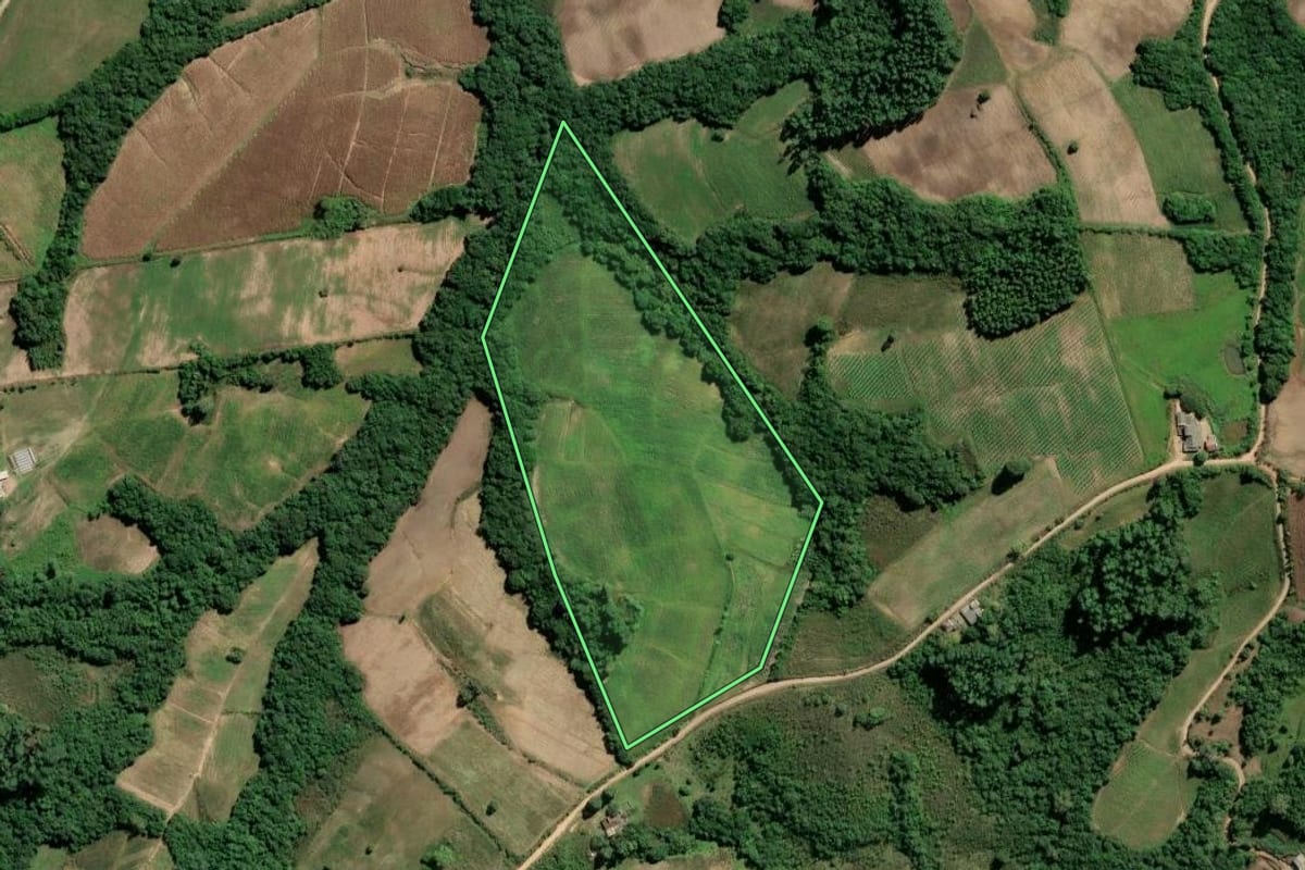 Imagem de satélite do imóvel rural em Amaral Ferrador (RS), com o contorno declarado no CAR desenhado por cima.