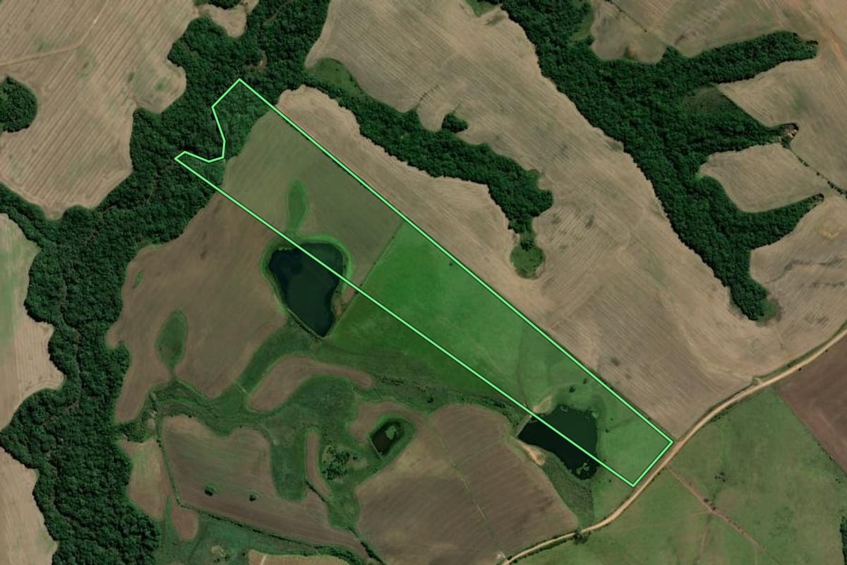 Imagem de satélite do imóvel rural em Amaral Ferrador (RS), com o contorno declarado no CAR desenhado por cima.