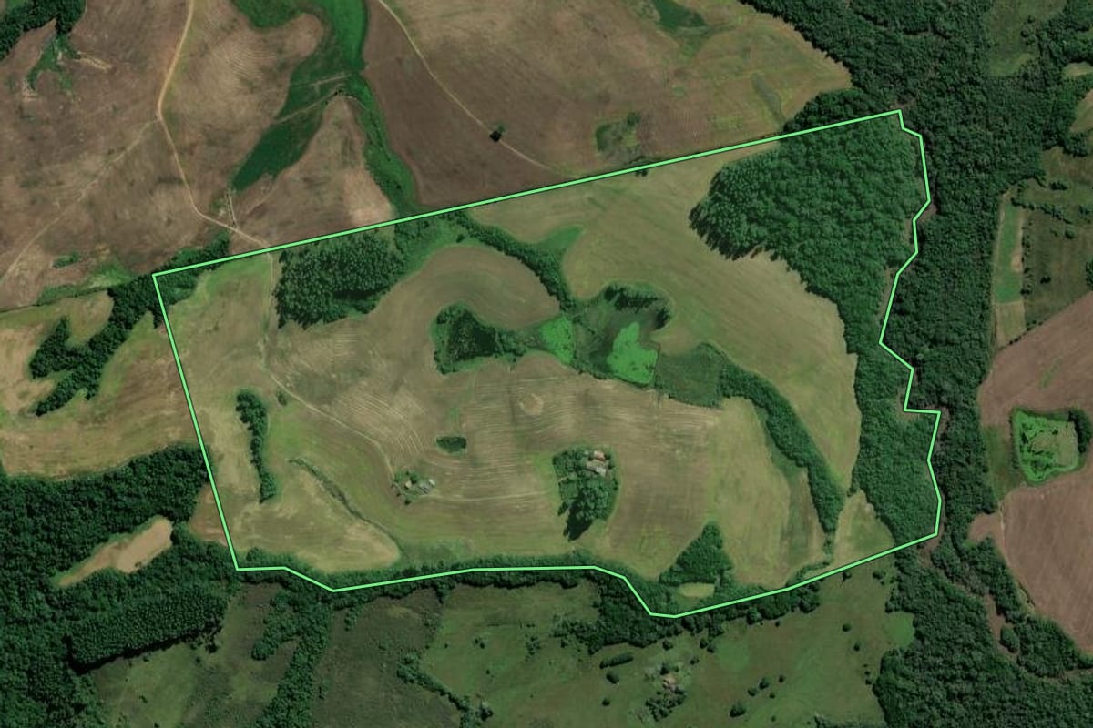 Imagem de satélite do imóvel rural em Amaral Ferrador (RS), com o contorno declarado no CAR desenhado por cima.