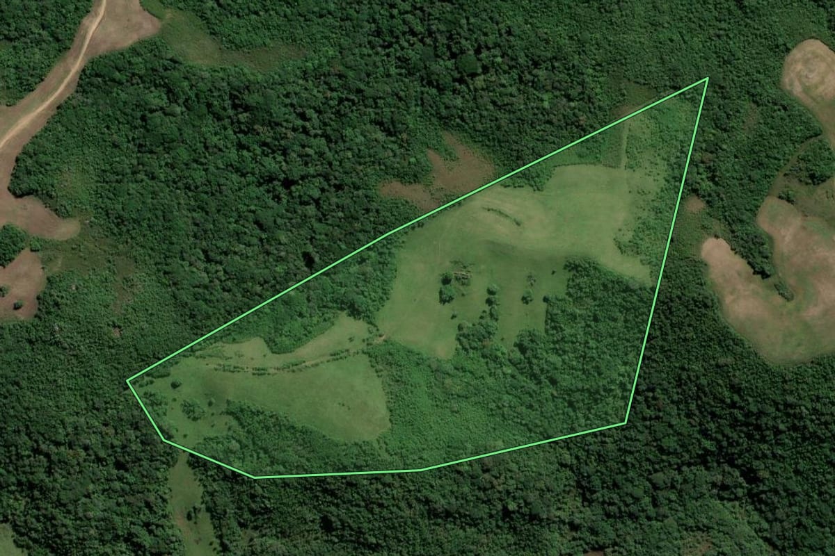 Imagem de satélite do imóvel rural em Amaral Ferrador (RS), com o contorno declarado no CAR desenhado por cima.