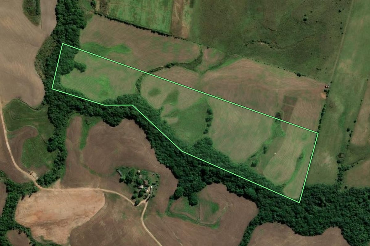 Imagem de satélite do imóvel rural em Amaral Ferrador (RS), com o contorno declarado no CAR desenhado por cima.