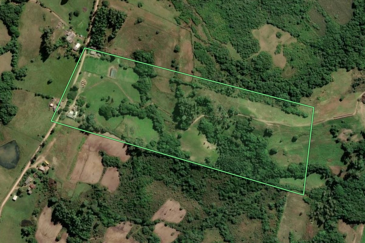 Imagem de satélite do imóvel rural em Amaral Ferrador (RS), com o contorno declarado no CAR desenhado por cima.