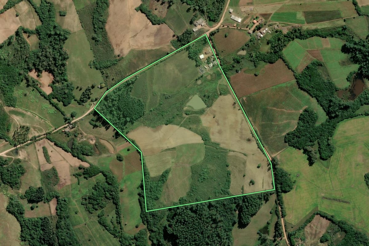 Imagem de satélite do imóvel rural em Amaral Ferrador (RS), com o contorno declarado no CAR desenhado por cima.
