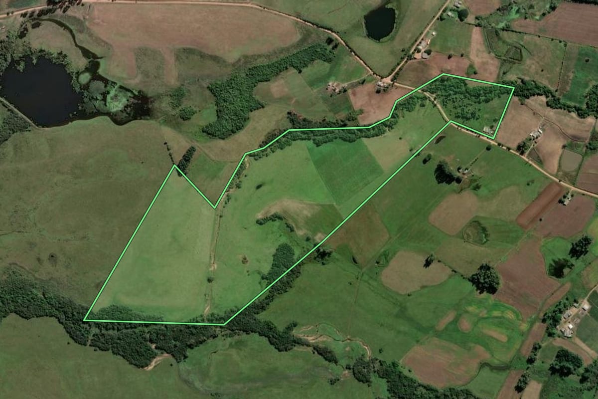 Imagem de satélite do imóvel rural em Amaral Ferrador (RS), com o contorno declarado no CAR desenhado por cima.