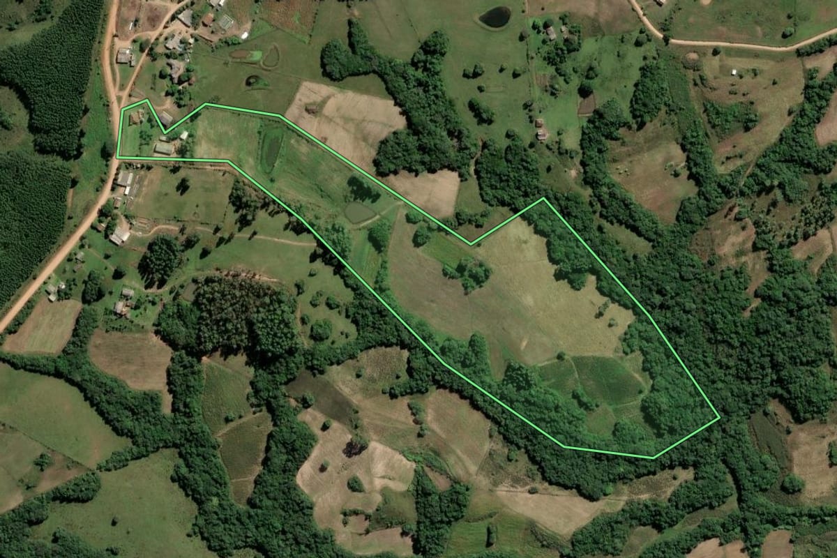Imagem de satélite do imóvel rural em Amaral Ferrador (RS), com o contorno declarado no CAR desenhado por cima.