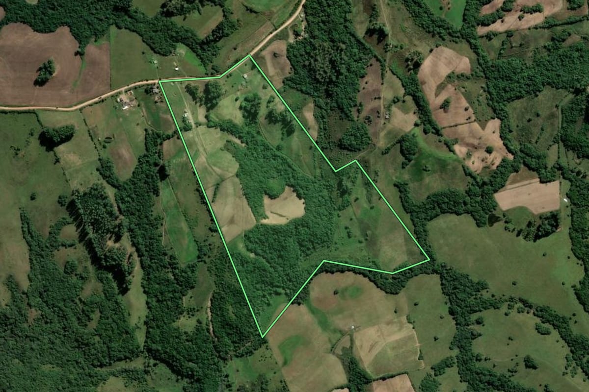 Imagem de satélite do imóvel rural em Amaral Ferrador (RS), com o contorno declarado no CAR desenhado por cima.