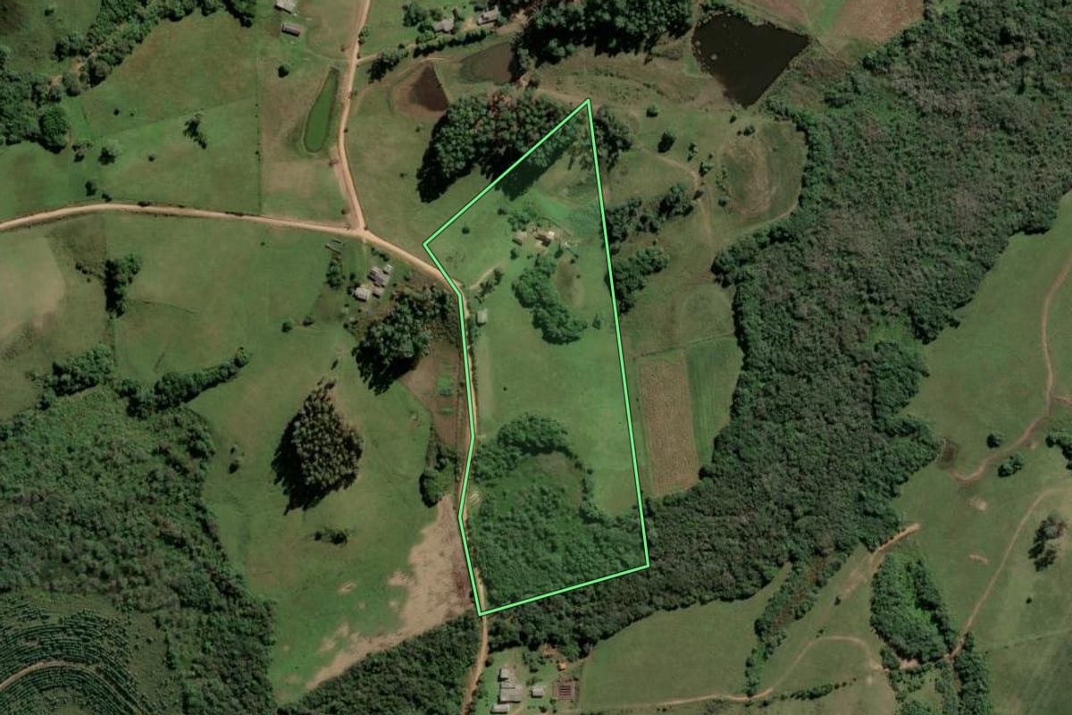 Imagem de satélite do imóvel rural em Amaral Ferrador (RS), com o contorno declarado no CAR desenhado por cima.