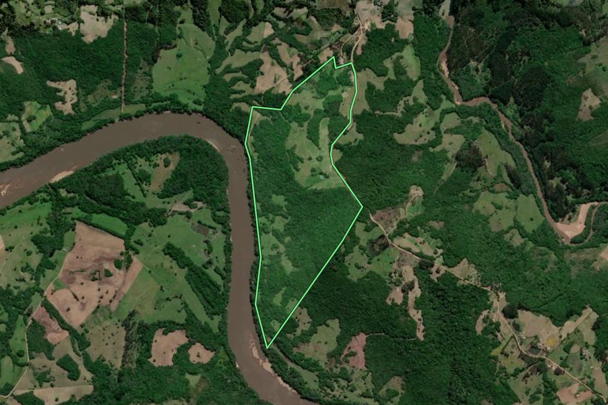 Imagem de satélite do imóvel rural em Amaral Ferrador (RS), com o contorno declarado no CAR desenhado por cima.