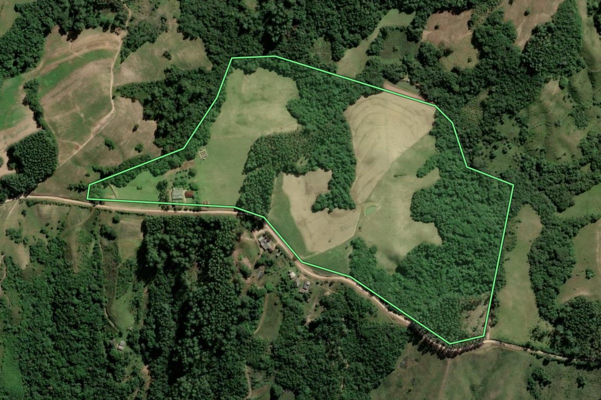 Imagem de satélite do imóvel rural em Amaral Ferrador (RS), com o contorno declarado no CAR desenhado por cima.