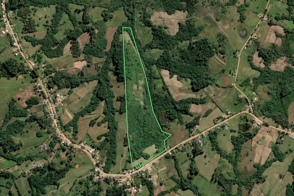 Imagem de satélite do imóvel rural em Amaral Ferrador (RS), com o contorno declarado no CAR desenhado por cima.