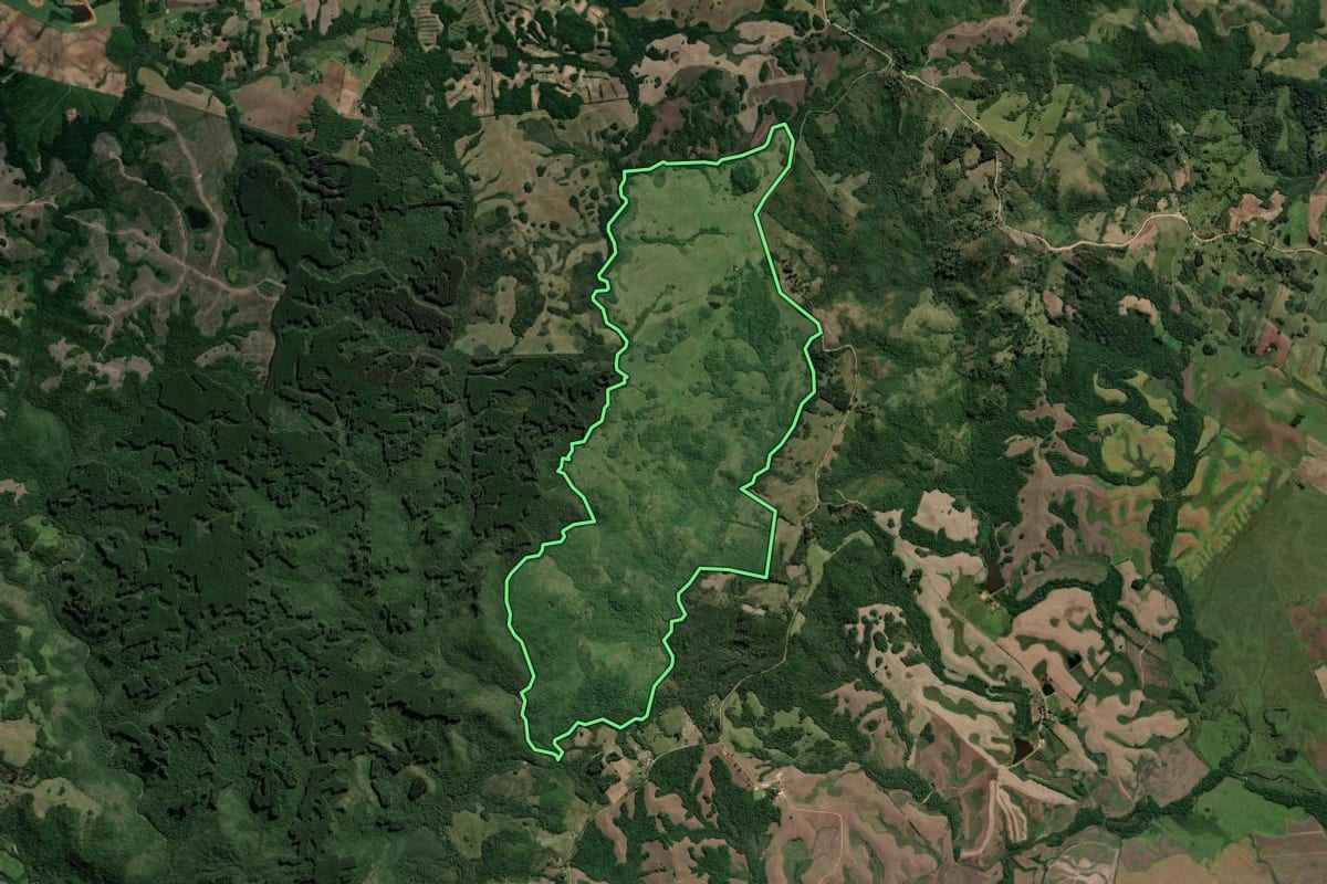 Imagem de satélite do imóvel rural em Amaral Ferrador (RS), com o contorno declarado no CAR desenhado por cima.