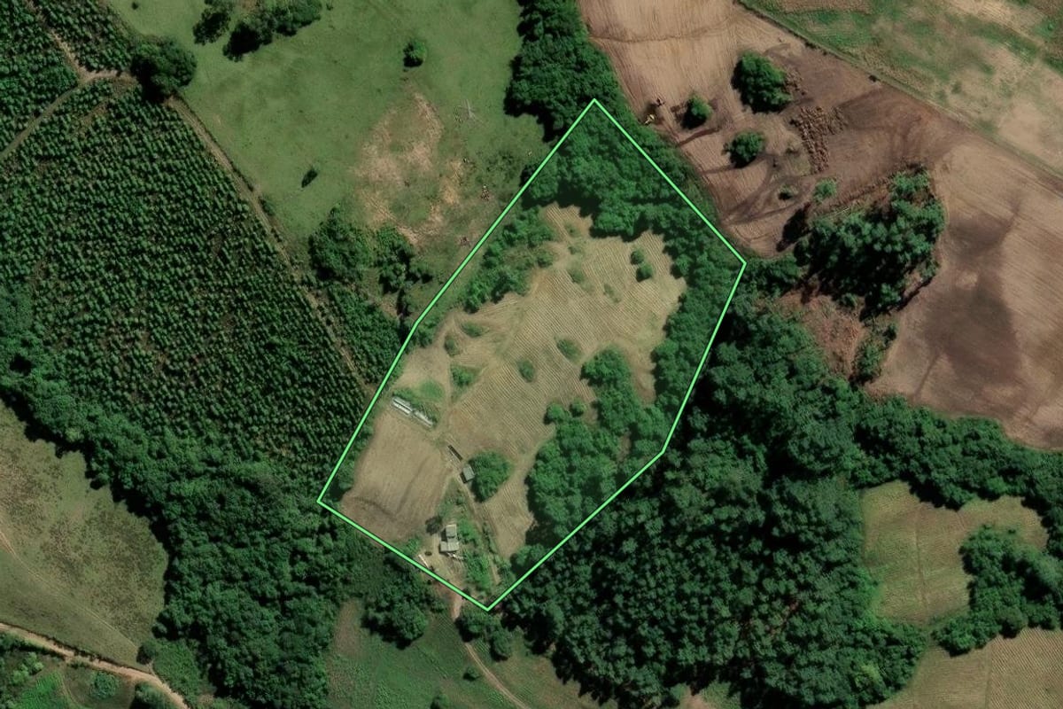 Imagem de satélite do imóvel rural em Amaral Ferrador (RS), com o contorno declarado no CAR desenhado por cima.